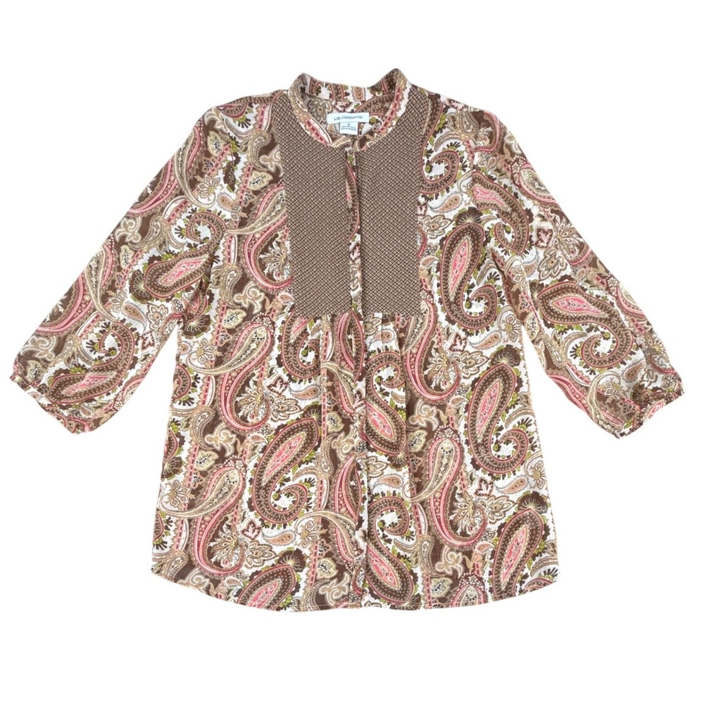 Liz Claiborne Womens Paisley Boho Peasant Blouse Brown Pink 3/4 Sleeve Sz‎ M